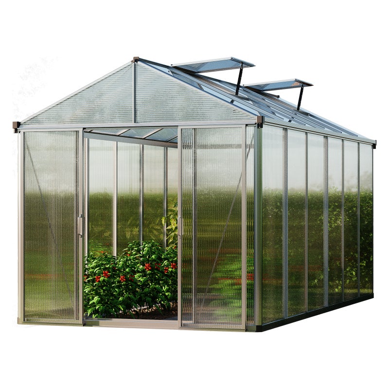 GFP szklarnia TITAN 24 rama aluminiowa 222x437 cm - grube panele poliwęglanowe ok. 10 mm - w tym dodatkowe okna i aut. mechanizmy otwierania okien