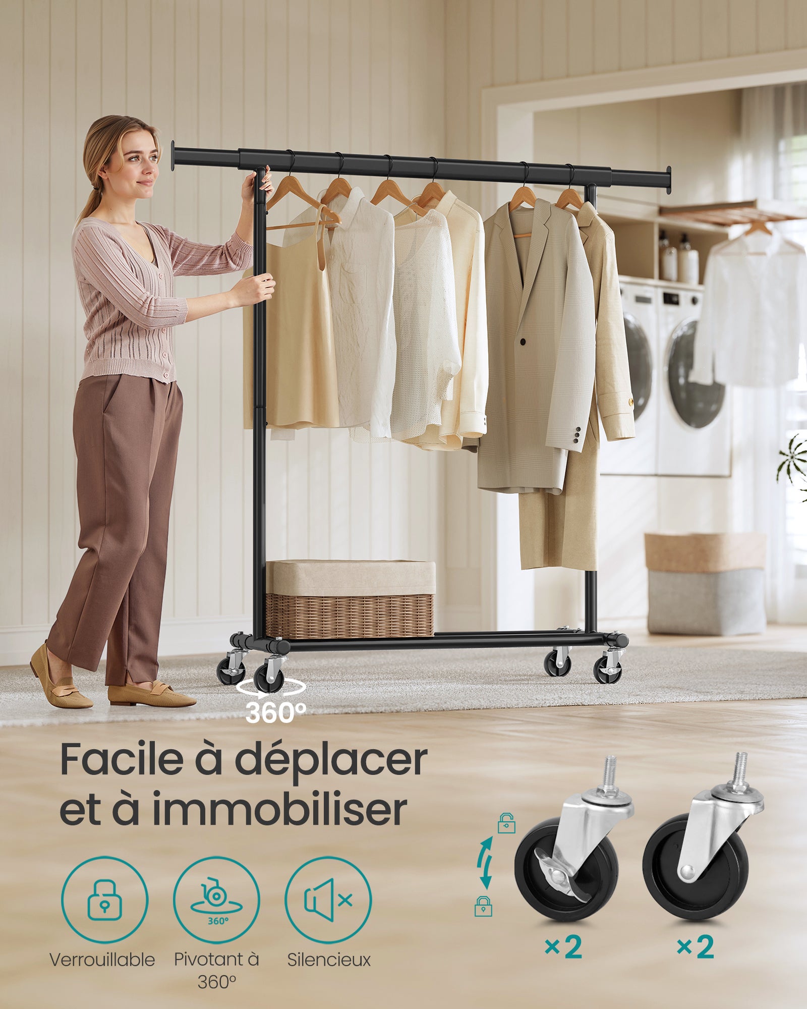 SONGMICS Portant à Vêtements avec roulettes, Tringle Extensible pour Charge Lourde, Porte-Manteau, Rangement Vêtement, Capacité de Charge 100 kg, Noir - 6
