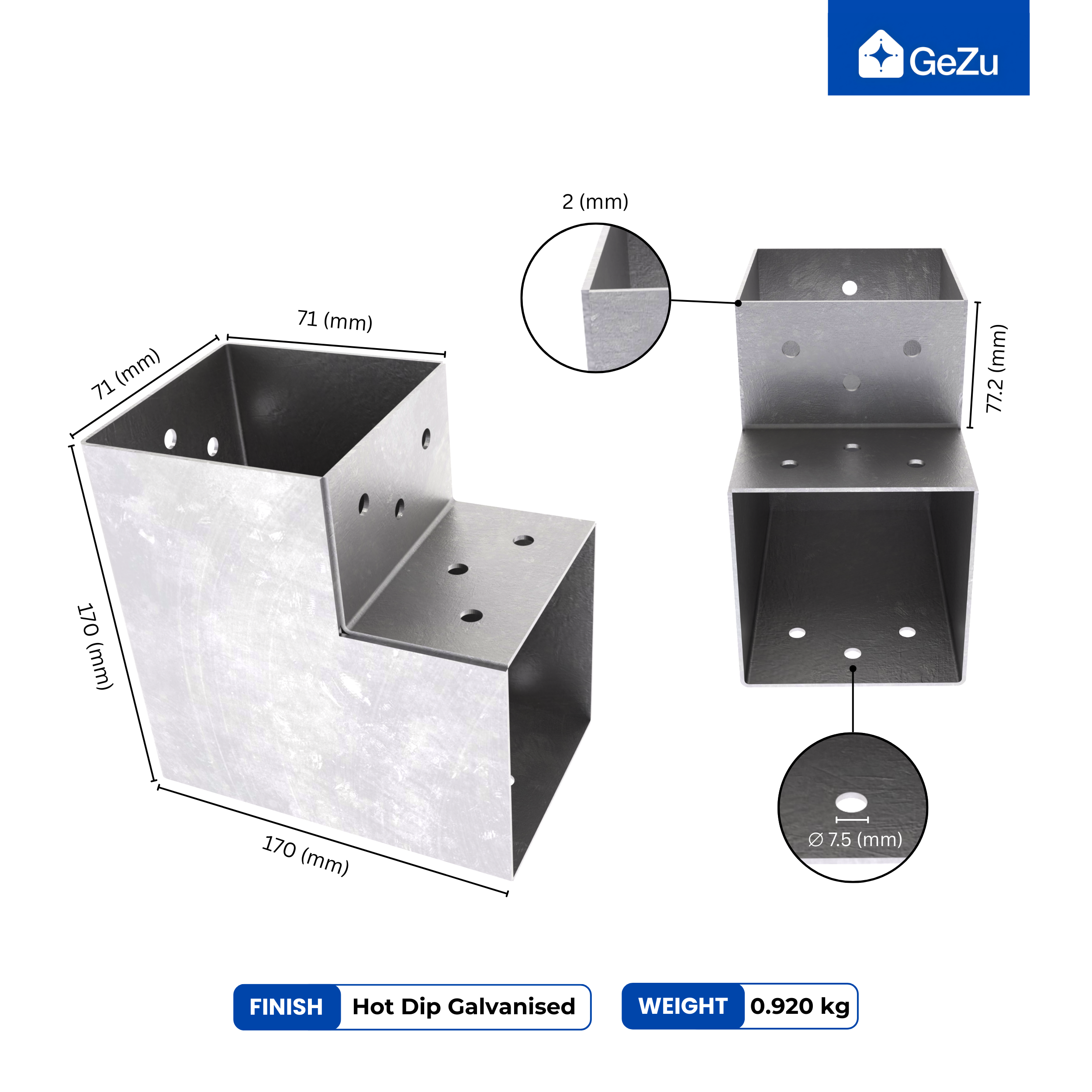 Connecteur de Poteau en L 71x71 mm Galvanisé à Chaud Pergola Forme en L Connecteur de Poteau d’Angle Pavillon Pergola Connexion D'Angle GeZu Impex - 2