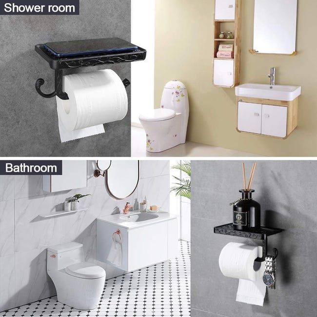 Porta carta igienica con ripiano in noce nero per bagno, porta carta igienica a parete doppio rotolo nero, porta telefono Wc 13 Porta carta igienica con ripiano in noce nero per bagno, porta carta igienica a parete doppio rotolo nero, porta telefono Wc 13