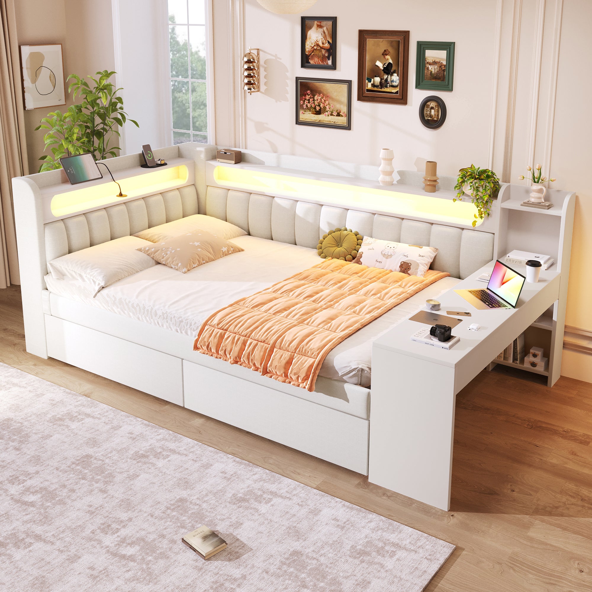Tapicerowana sofa rozkładana 140x200 cm - z portami USB i LED - z biurkiem i 2 szufladami - białe (bez materaca) (bez materaca)