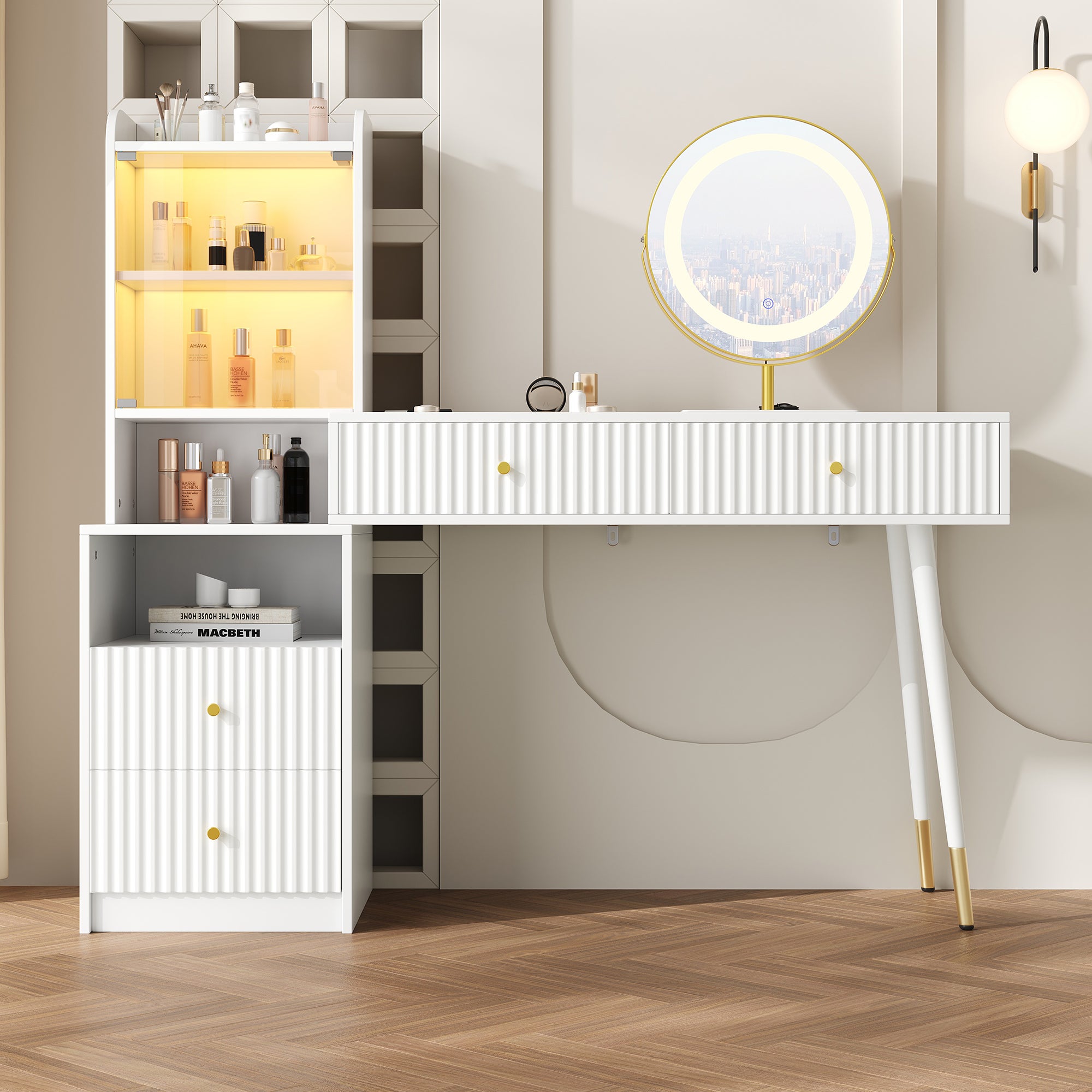 NuvlaGu Make-uptafelset, wit, 100 x 40 x 125 cm, driekleurige led-spiegel 6000 kleuren glazen vitrine, 4 laden 1 opbergvak, moderne make-uptafel