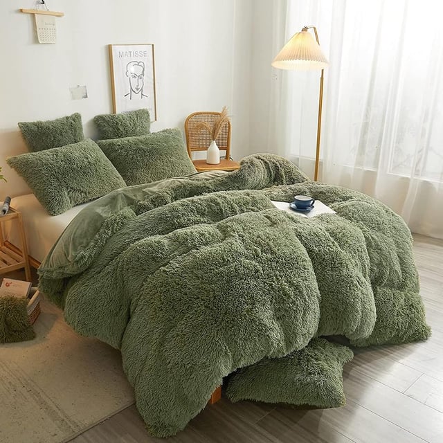Housse de Couette Peluche 220x240 + 2 Taies 65x65cm - Vert Sauge