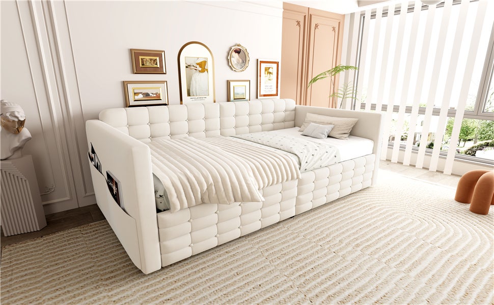 Sofa tapicerowana z funkcją spania 90x190cm - ze schowkami - z 2 szufladami - tkanina welurowa - kolor beżowy (materac nie jest wliczony w cenę) - 5