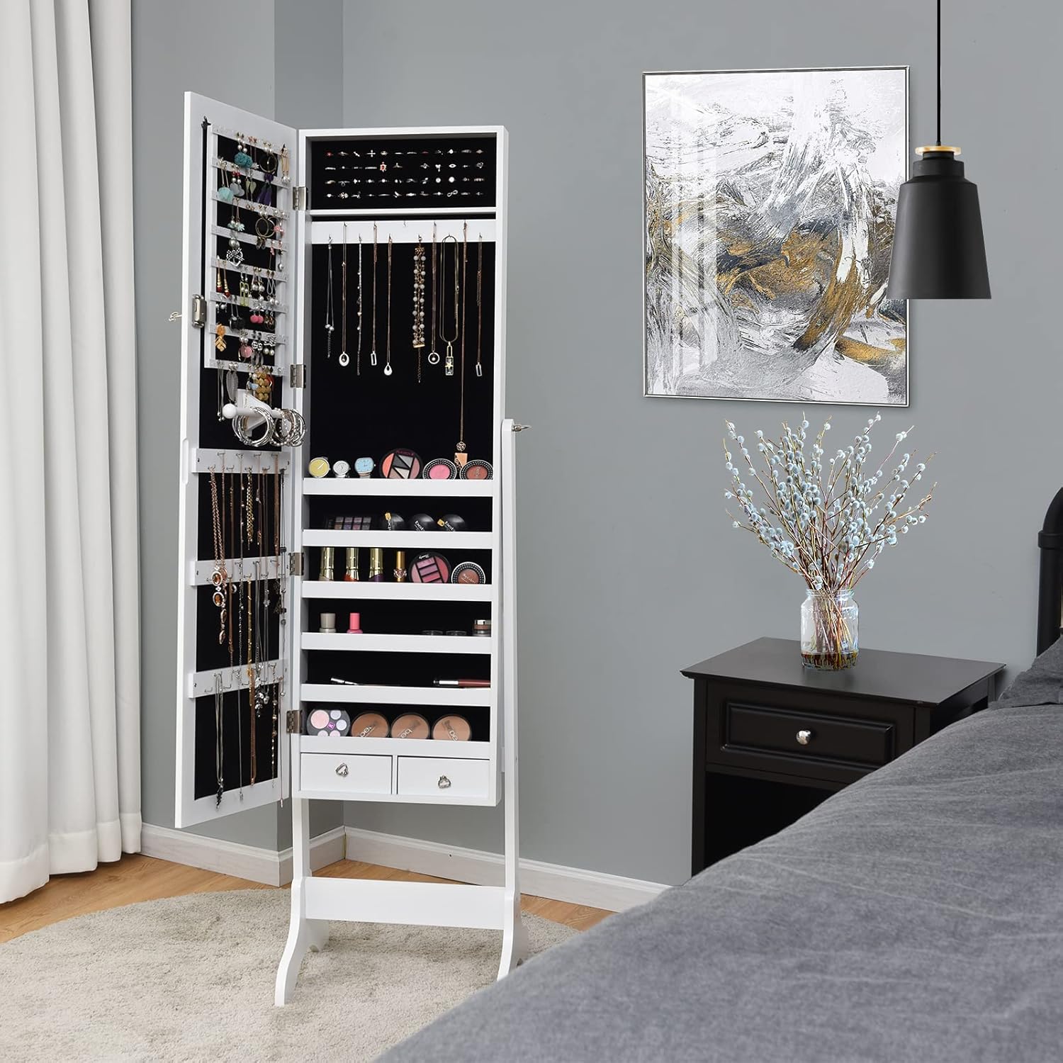 Armoire a Bijoux sur Pied avec Miroir Inclinable en 4 Positions, Armoire de Rangement Cosmetiques Verrouillable de Grande Capacite avec 6 Etageres - 8