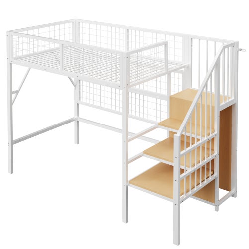 Lit mezzanine 90x200cm, lit enfant avec éclairage LED, escalier de rangement, penderie ouverte, garde-corps en filet, sans matelas, blanc - 8