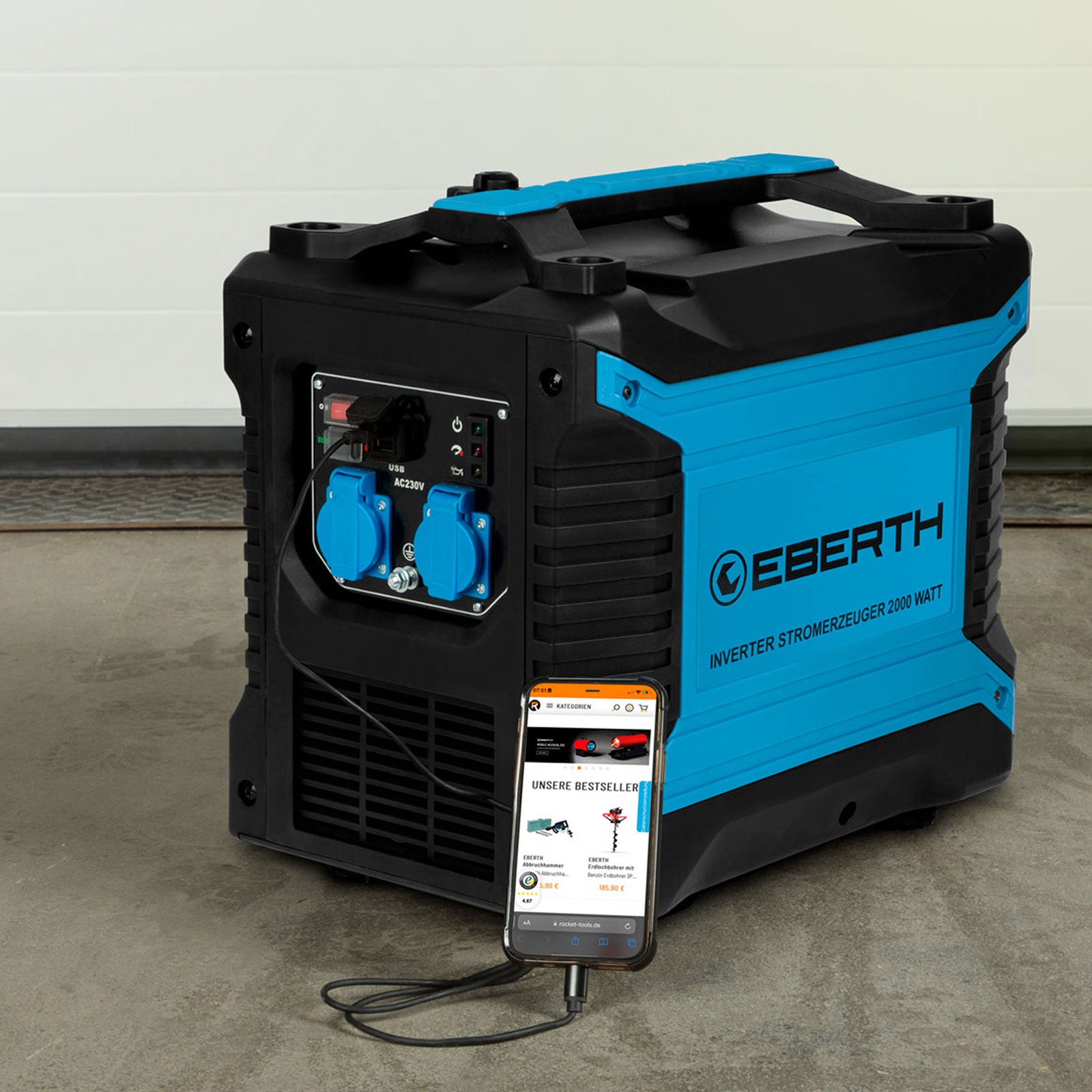 EBERTH Générateur d'Électricité Inverter Silencieux 2000 W, Moteur à Essence 3 CV, 4 temps, 2x 230V et 2x prise USB - 5