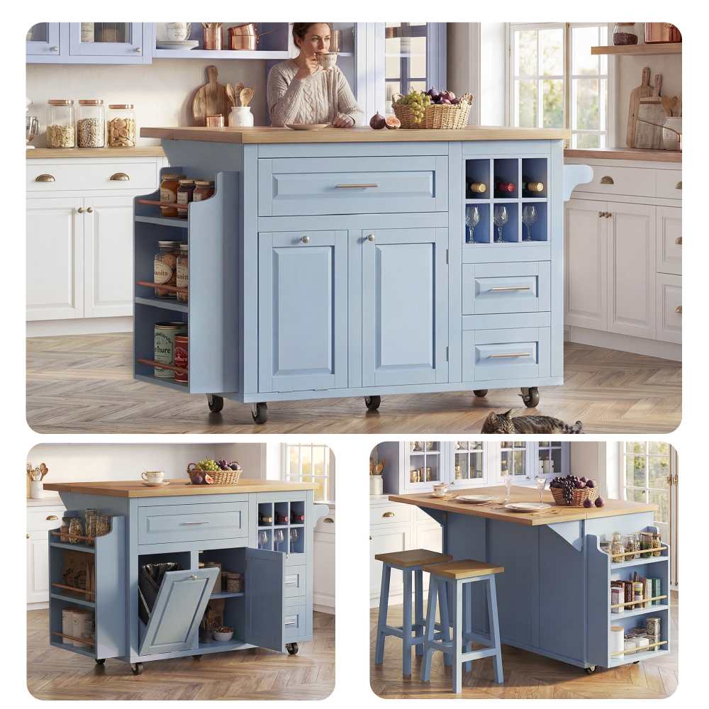 Carro de cocina azul mdf multifunción con ruedas, cajones, estante lateral, portabotellas, espacio para basura, para cocina y comedor