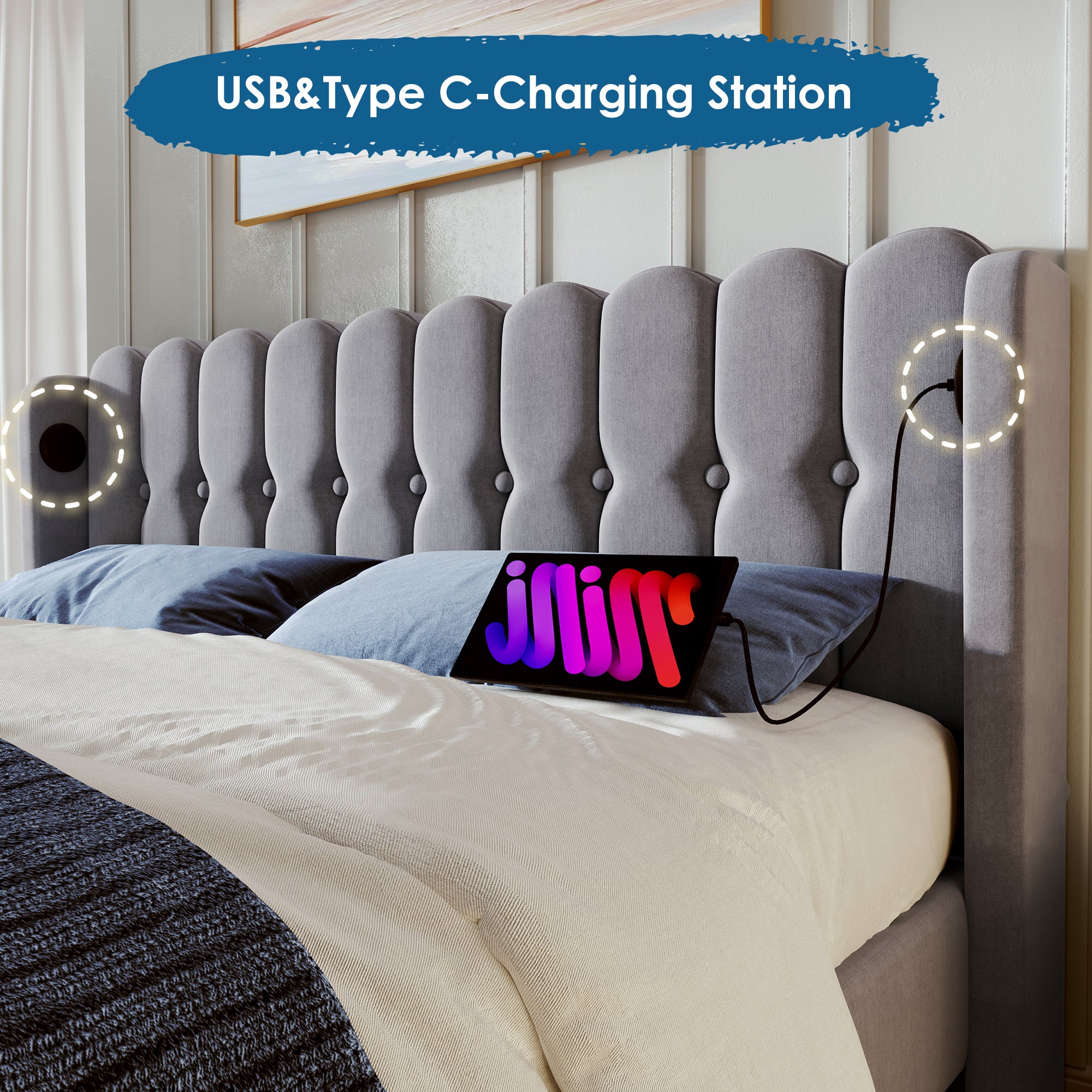 Lit double Lit rembourré 160 x 200 cm avec chargement USB Type C et sommier à lattes, lin, gris, matelas inclus - 6