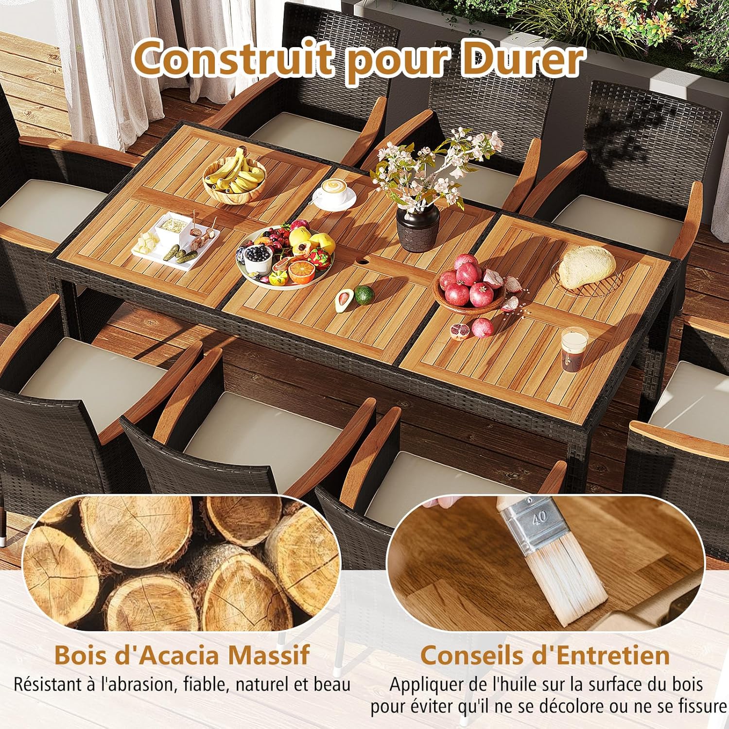 Salon de Jardin en Rotin 9 Pièces pour 8 Personnes Plateau de Table en Acacia, Ensemble de Salle à Manger , Chaise Charge 180KG, Marron+Beige - 4