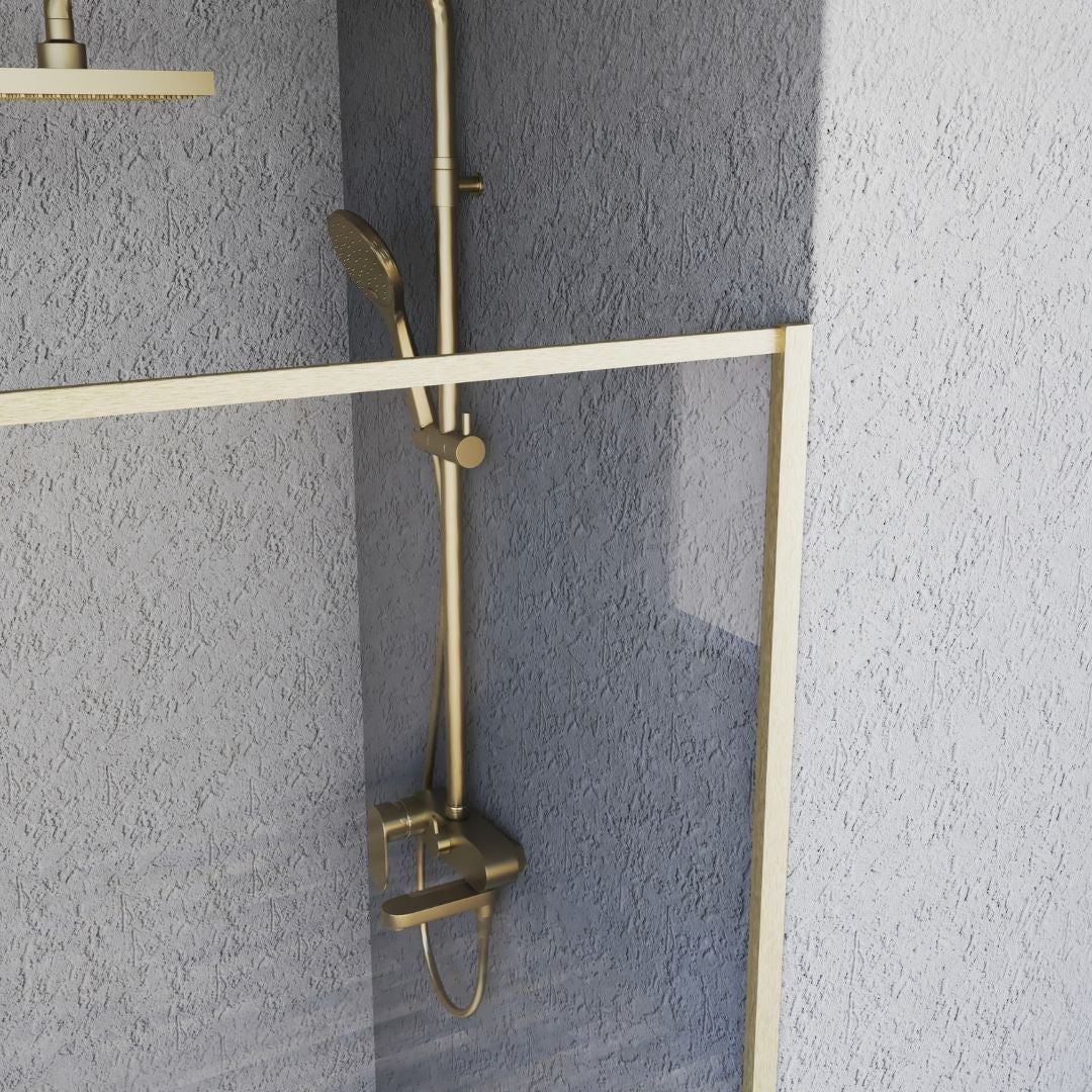 Paroi de douche Square 120x200 cm verre anticalcaire 6mm avec barre de fixation en aluminium cadre complet, ESSEBAGNO, Or Brossé - 7