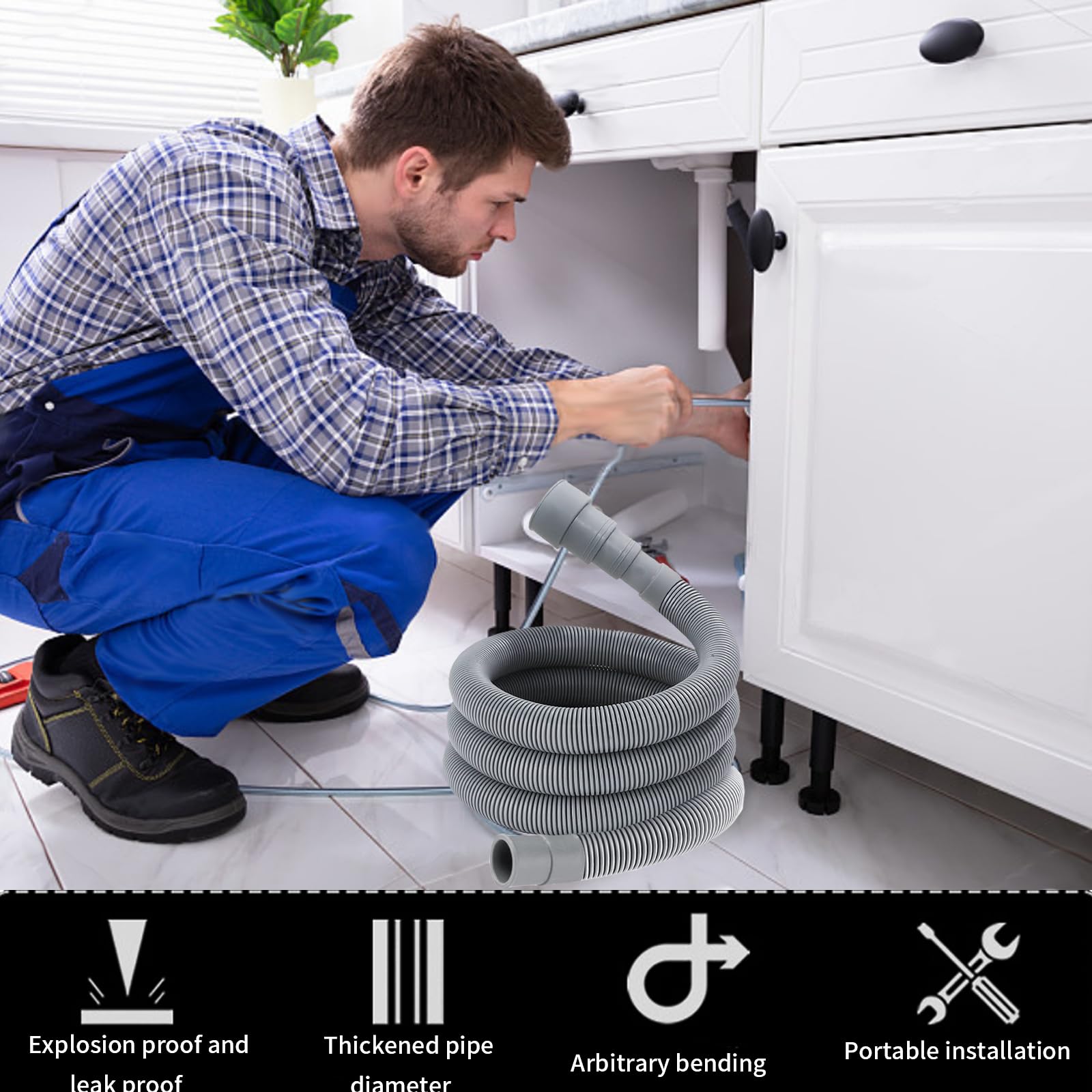 Tuyau Vidange Lave Vaisselle, 1M/1.5M/2M/3M/4M/5M/6M Rallonge de Tuyau de Vidange, avec SuPETort Forme U et Colliers de Serrage,2M) - 7