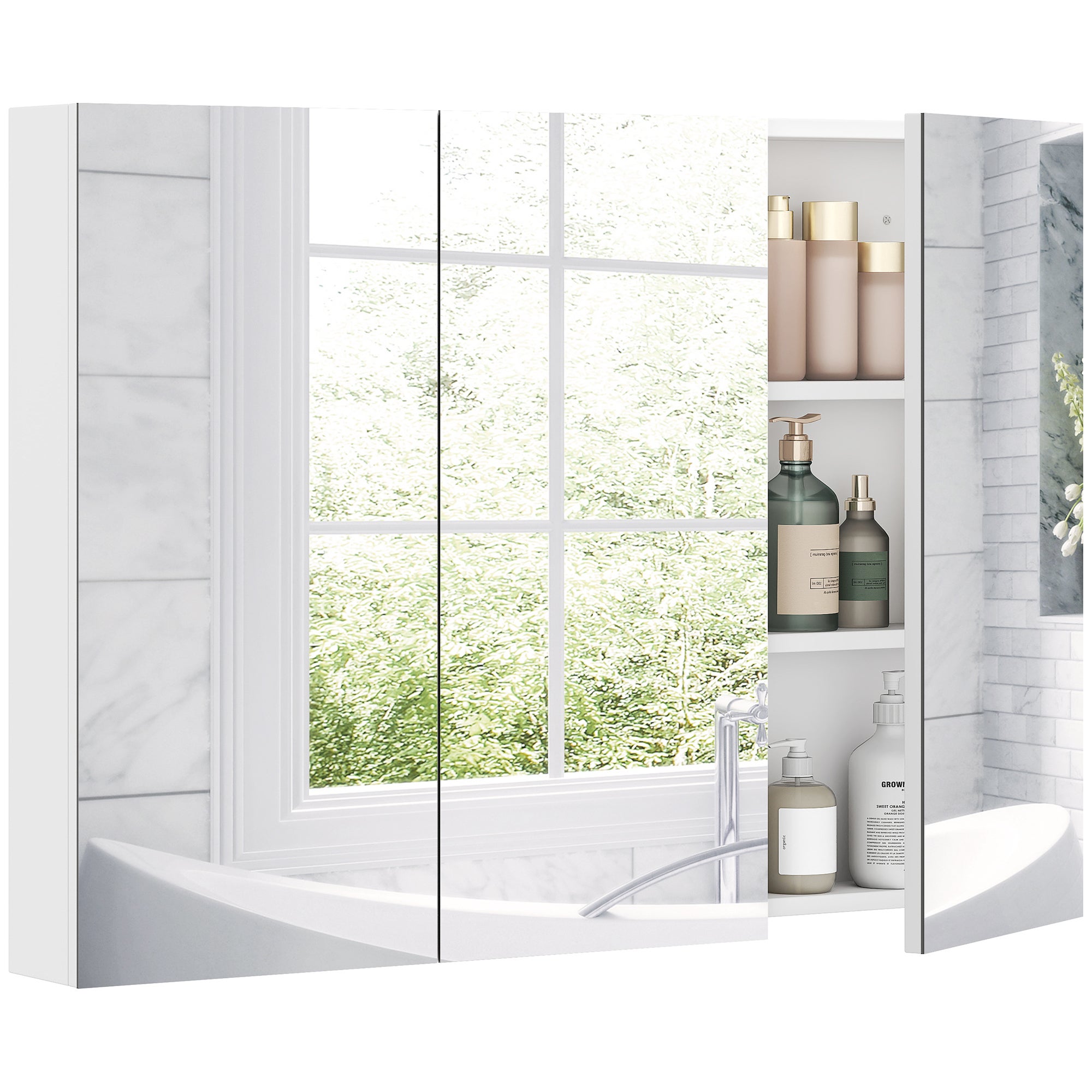Three-mirror bathroom storage cabinet - white