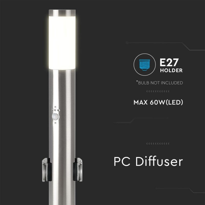 Piantana LED da Giardino 60cm con Portalampada E27 e 2 Prese Schuko e Sensore di Movimento (max 60W) in Acciaio Inossidabile IP44 - 4