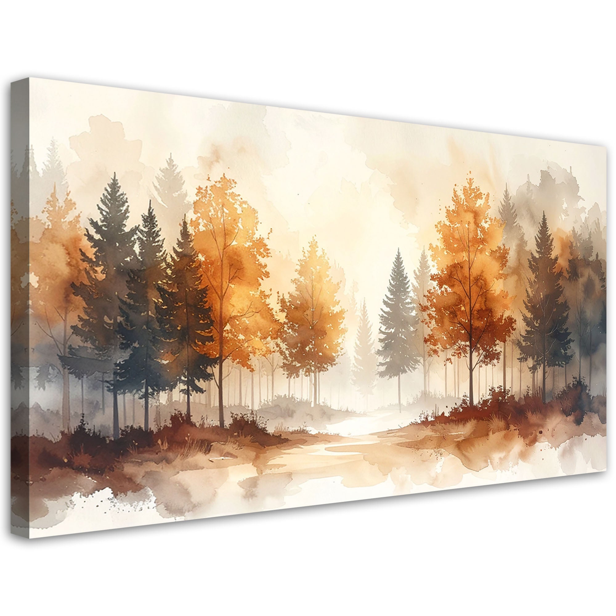 Obraz do salonu sypialni, Jesienny Beżowy Las Akwarelowy Leśny Pejzaż w Stylu Skandynawskim 120x60