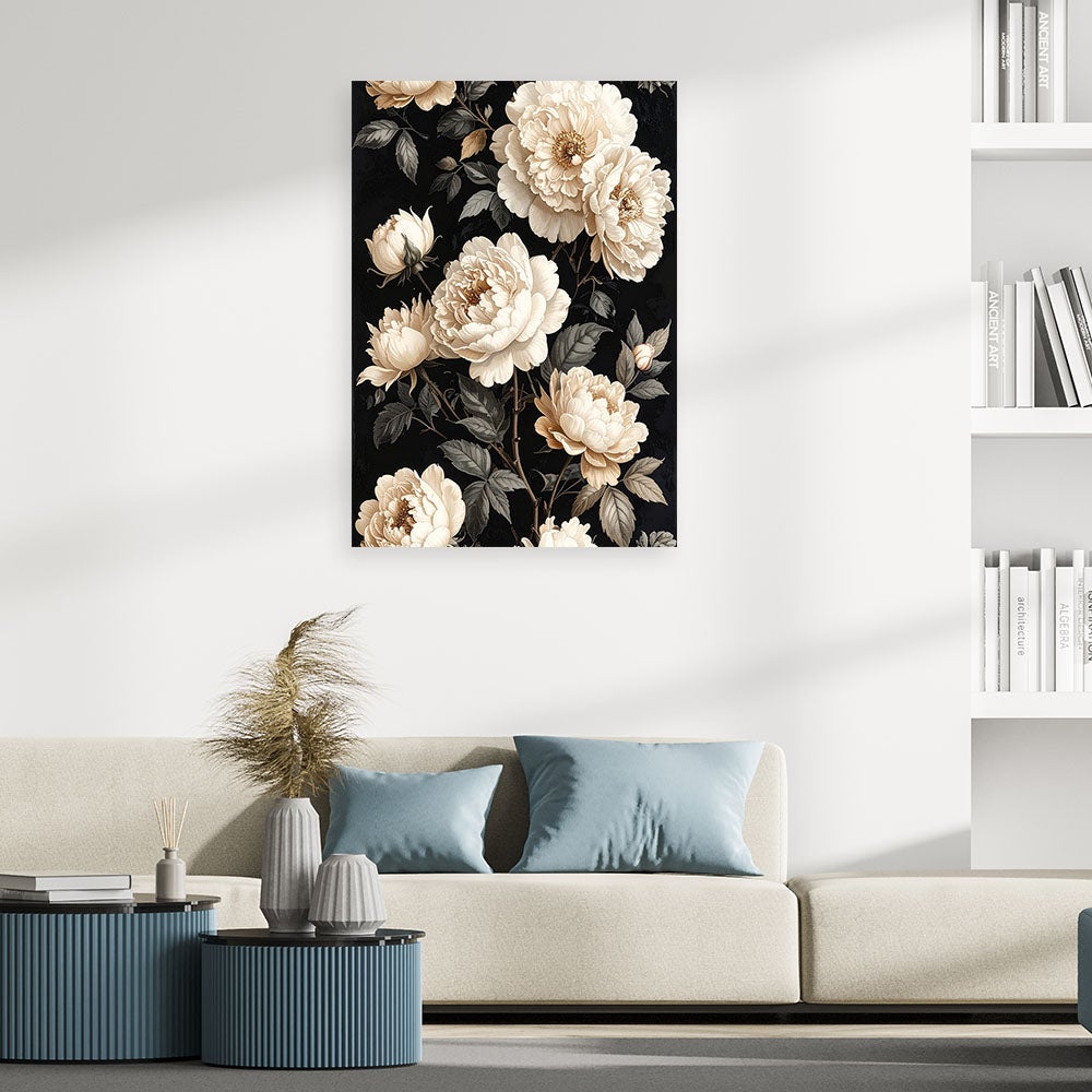 Obraz na płótnie, Białe róże na czarnym tle elegancka kwiatowa dekoracja ścienna w stylu glamour 40x60 - 2
