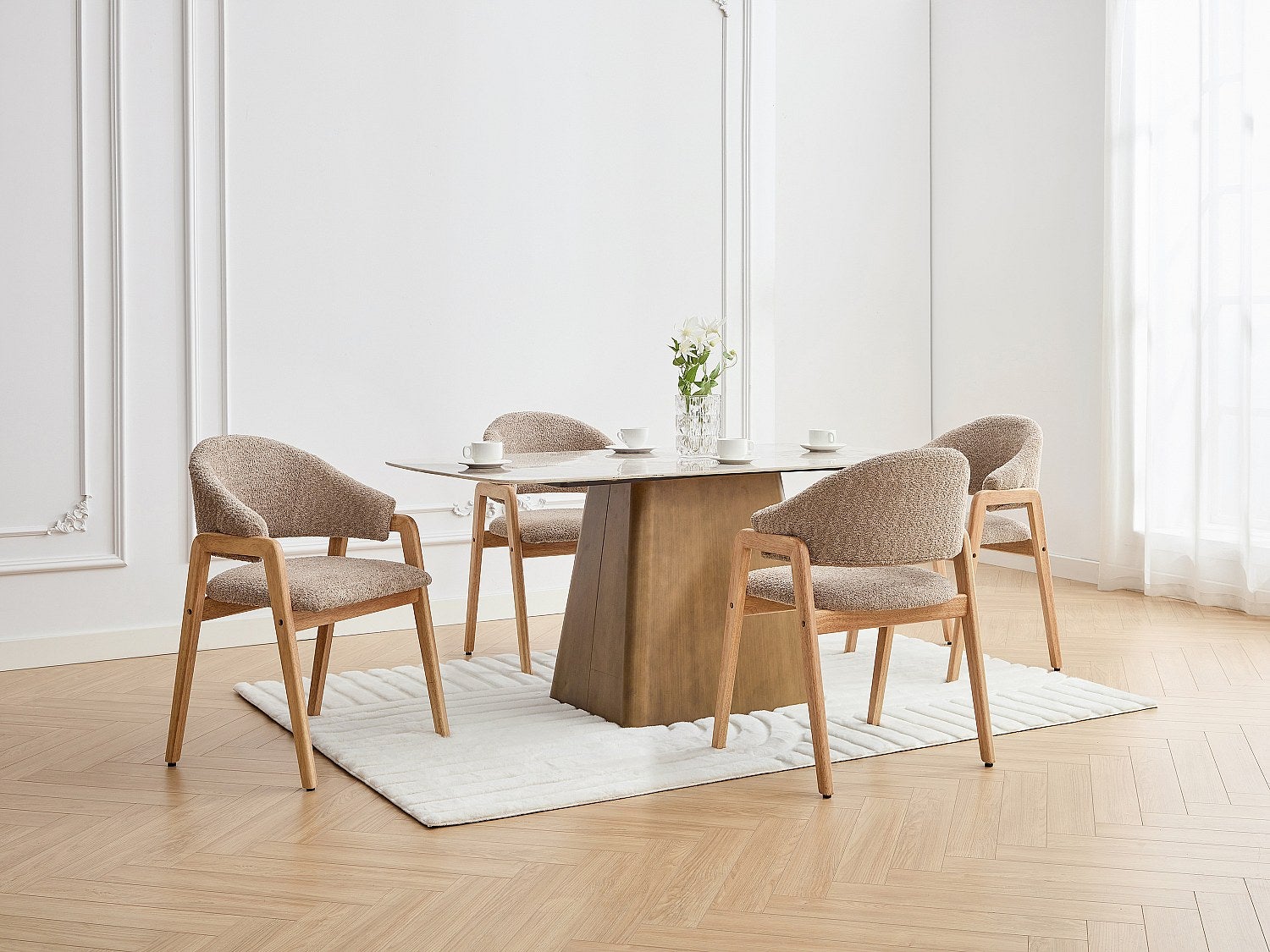 Lot de 6 chaises avec accoudoirs en tissu bouclette et bois d'hévéa - Taupe et naturel - SOLUNA - 7