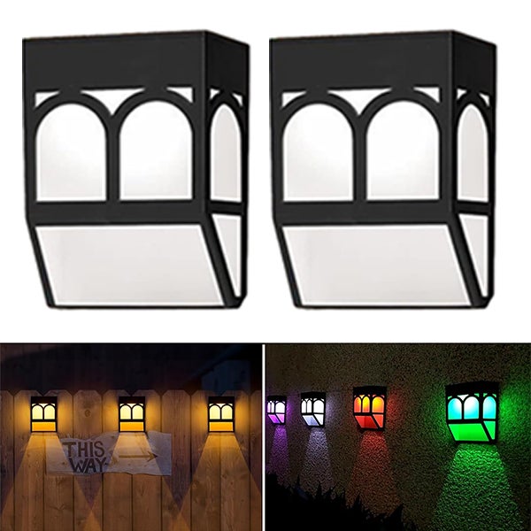 Zewnętrzna lampa solarna LED, 2 sztuki, solarna lampa ścienna do ogrodzenia, ciepłe światło + kolorowe światło