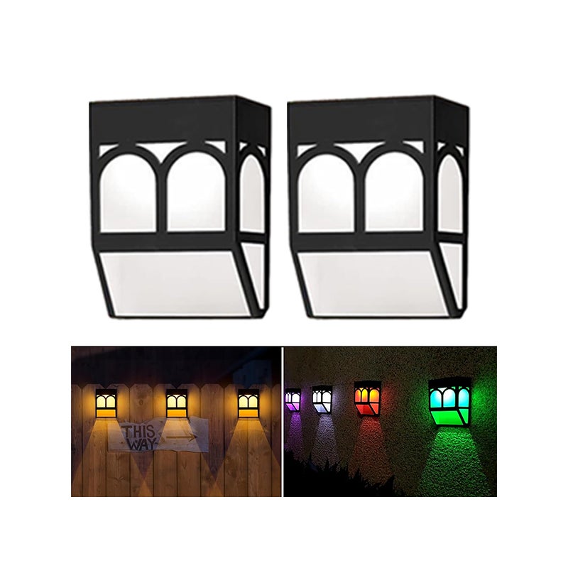 Zewnętrzna lampa solarna LED, 2 sztuki, solarna lampa ścienna do ogrodzenia, ciepłe światło + kolorowe światło