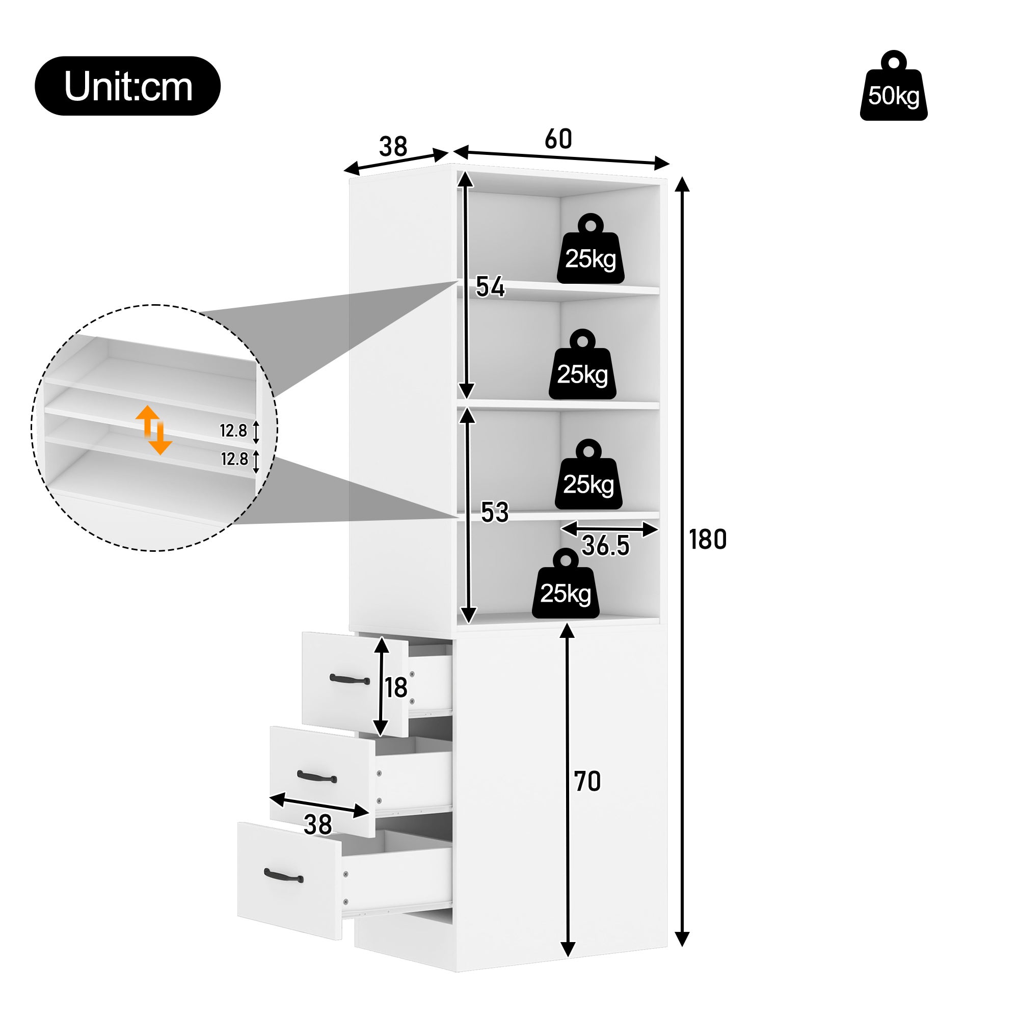 Estante extra estreita com 3 gavetas e 4 prateleiras ajustáveis - 60 x 38 x 180 cm - Aglomerado - Branco - 5