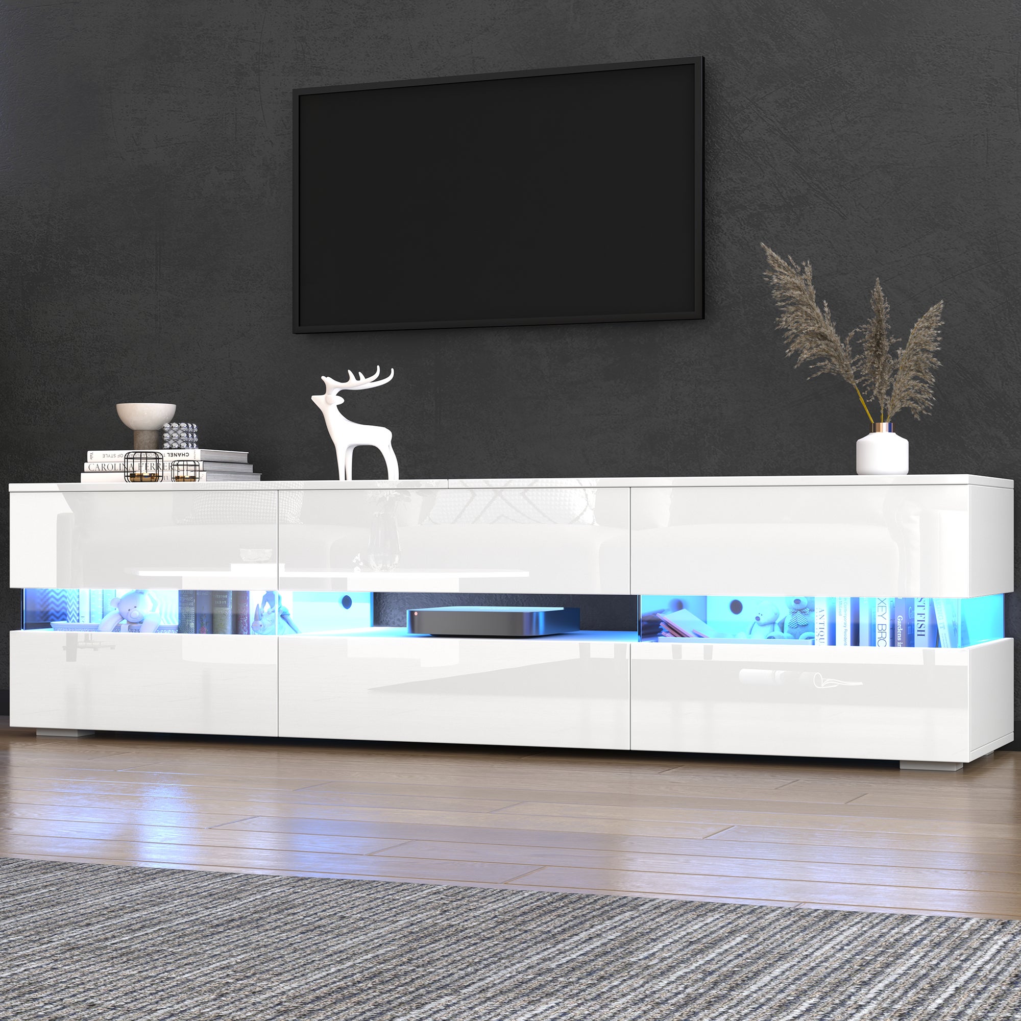 Meuble TV avec 2 portes, 2 tiroirs, compartiment ouvert - 160 x 39 x 45 cm - Panneau de particules - LEDs - Blanc brillant - 5