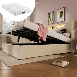 Lit Coffre 160x200 Avec LED Et USB – Cadre Lit Velours, Sommier Intégré, Rangement Hydraulique, Couleur Beige
