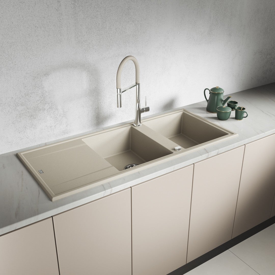 Evier de cuisine en granit beige - MEGALO - 50 x 116 cm, 2 bacs avec égouttoir - 3