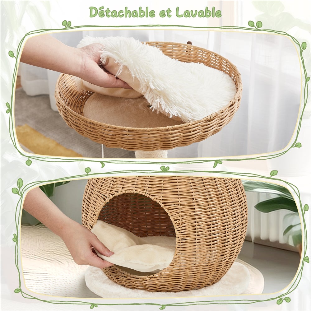 Arbre à Chat en Rotin Cachette Coussin Souple Panier Supérieur Griffoir en Sisal 75 cm Yaheetech - 3