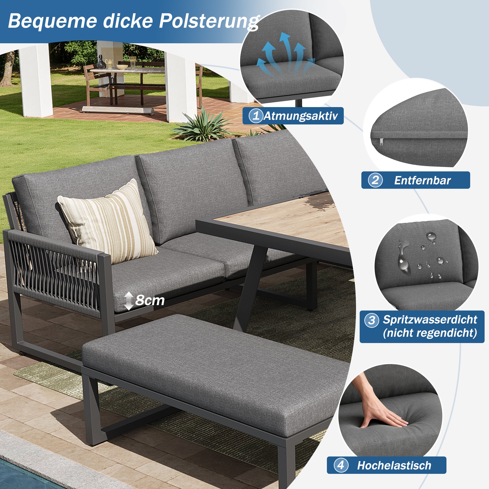 Salon de jardin en métal 6 places : 1 canapés 3 places + 2 fauteuils + 1 banc + table 100 x 60 x 71 cm - Gris - 7