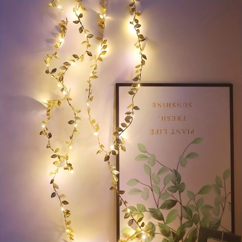Guirlande lumineuse feuille d'or - 5 mètres, 50 LED - Fonctionne avec piles - Décoration d'automne - Lumière blanche chaude - 6