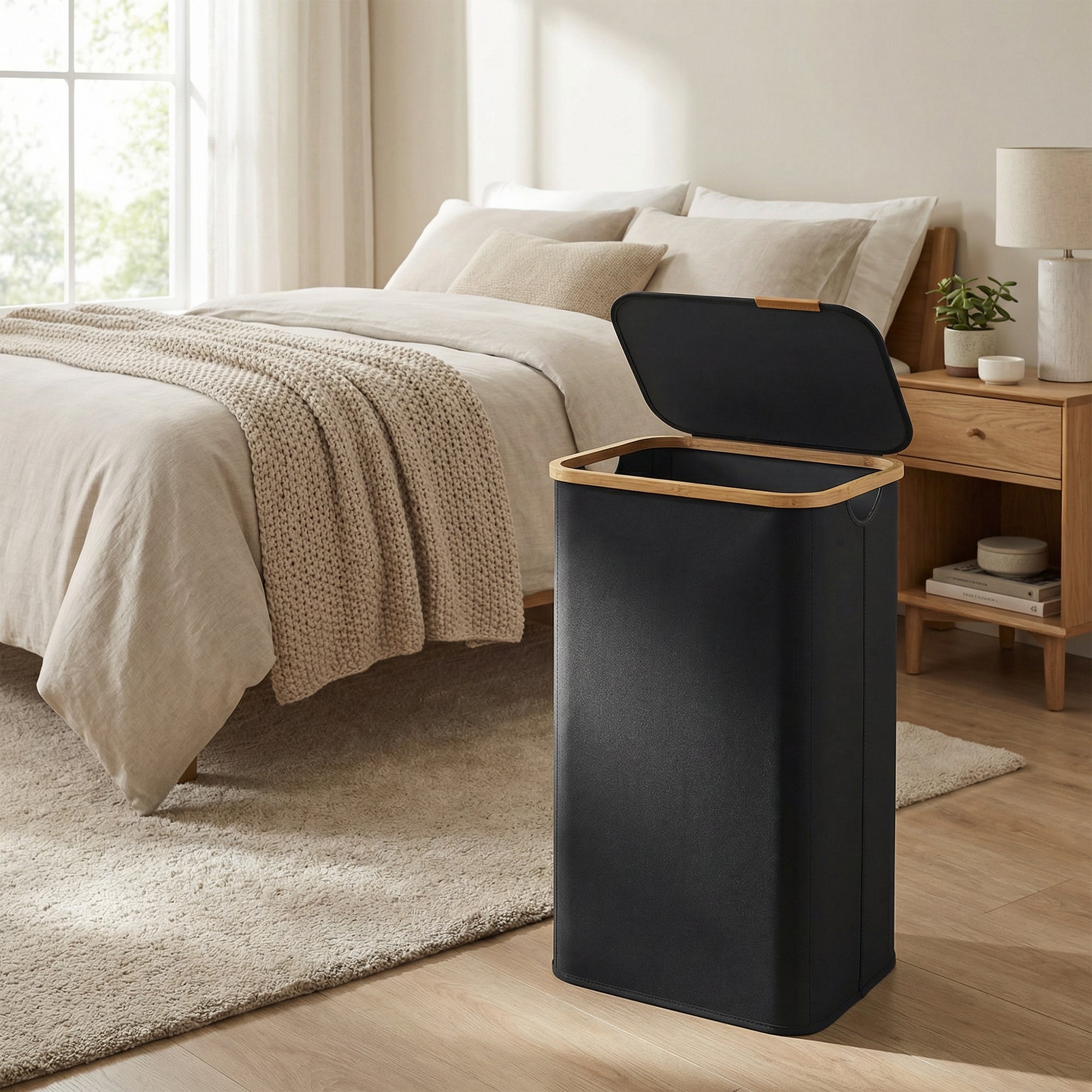 Panier à Linge Pliable en Tissu Oxford, Cadre en Bambou, pour Chambre, Buanderie, 100 L, Noir - 2