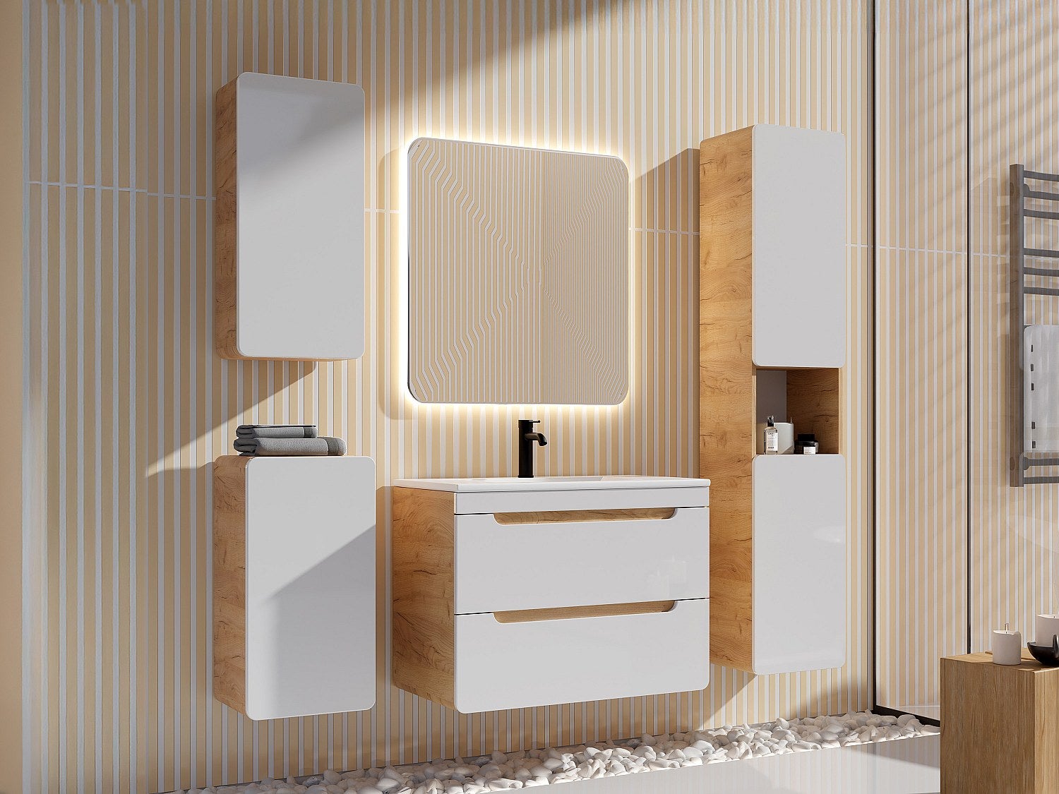 Szafka łazienkowa wisząca z umywalką wpuszczaną w blat i trzema słupkami - 80 cm - Naturalny i biały - 80 cm - ARUBA