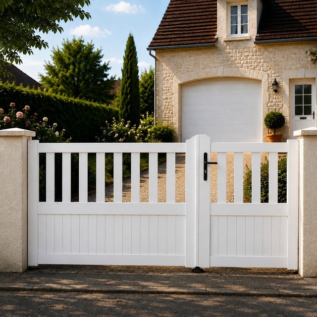 Portail battant manuel PVC blanc structure renforcée H 125 x L 250 cm semi-ajouré ETRETAT