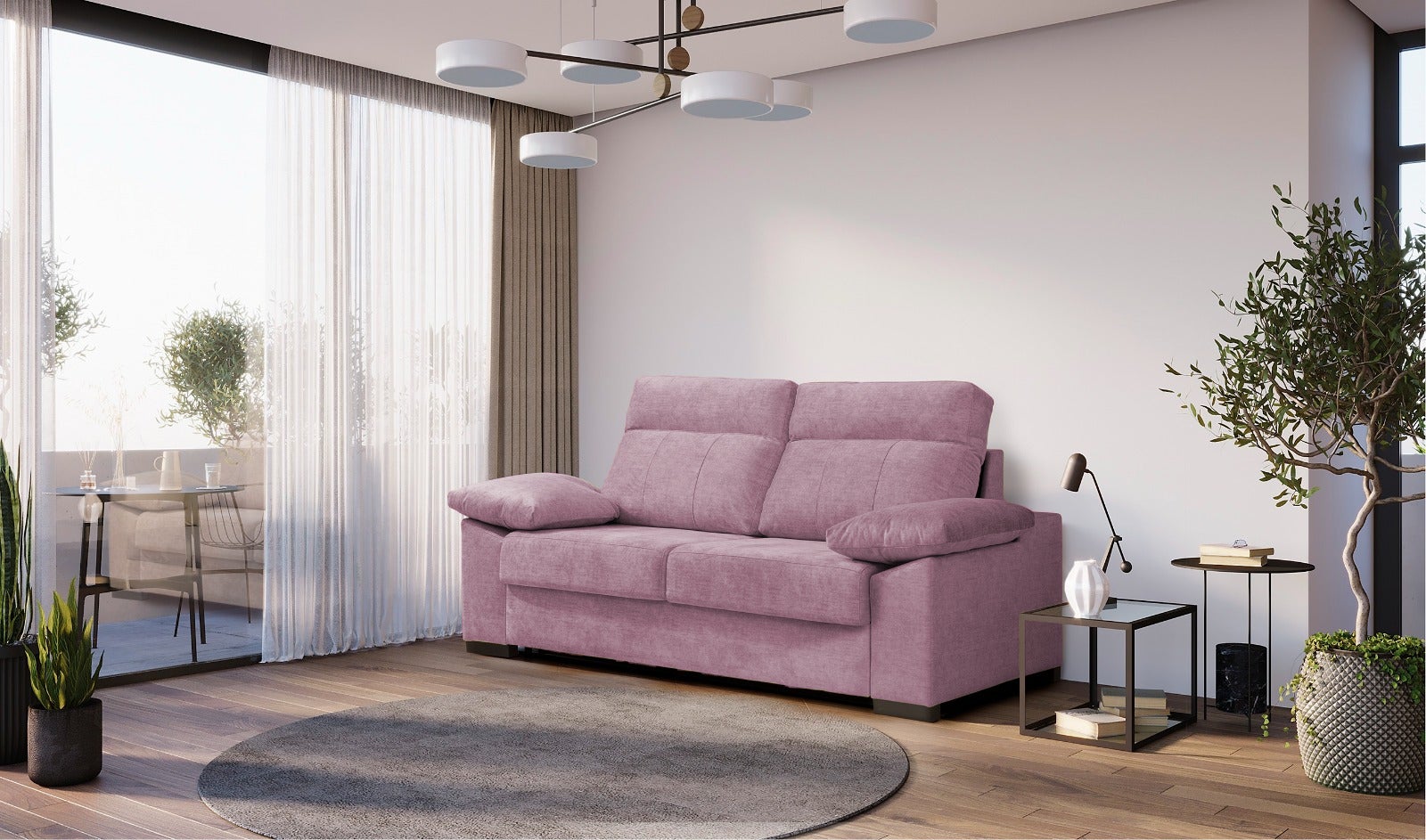 Sofa cama 3 plazas con colchón 140x190 | sistema apertura italiana | color tapizado rosa