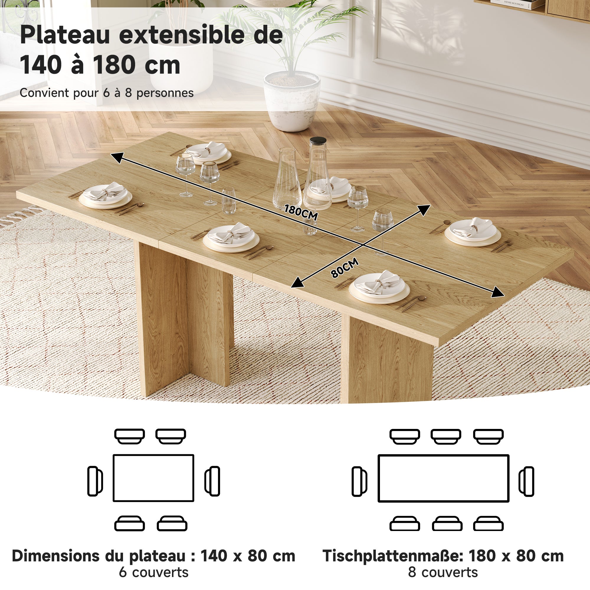 Table à manger extensible 6 à 8 couverts - 140/180 x 80 x 75 cm - MDF - Chêne - 9