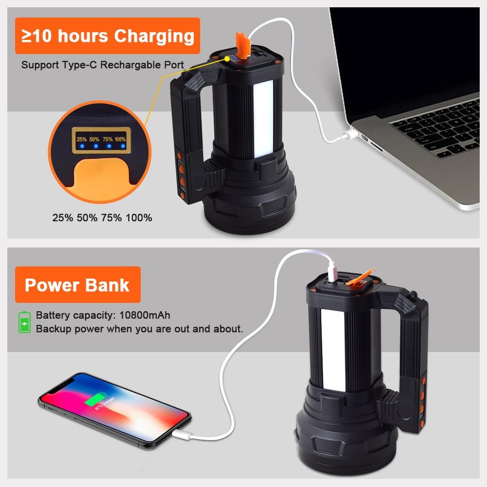 Ultramocna latarka LED, latarka akumulatorowa 10800 mAh/15000 lumenów, wodoodporna IPX4, 6 trybów, latarka USB do biwakowania - 5