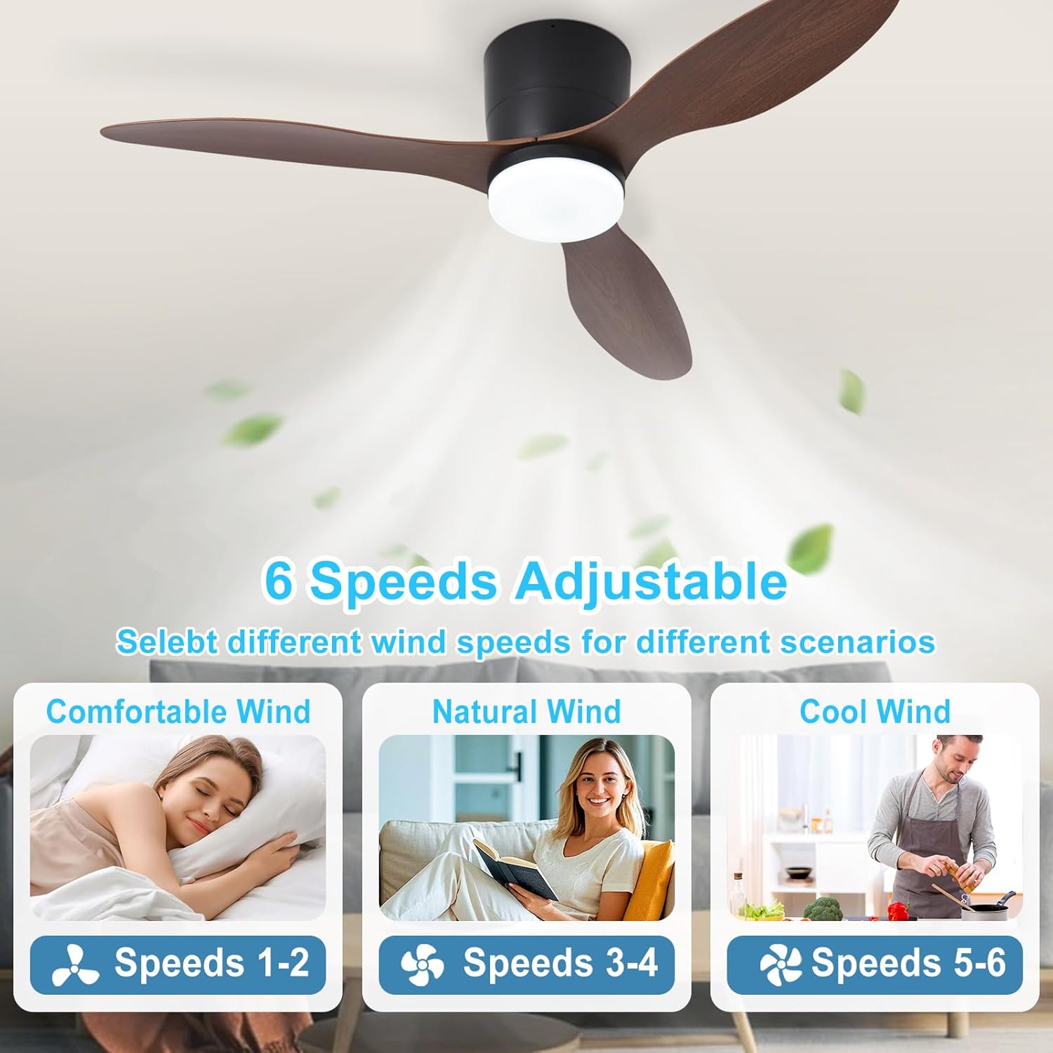 Ventilateurs de plafond de 42 pouces avec éclairage pour chambre à coucher, ventilateur à profil bas avec télécommande et pales Noyer réversibles - 4