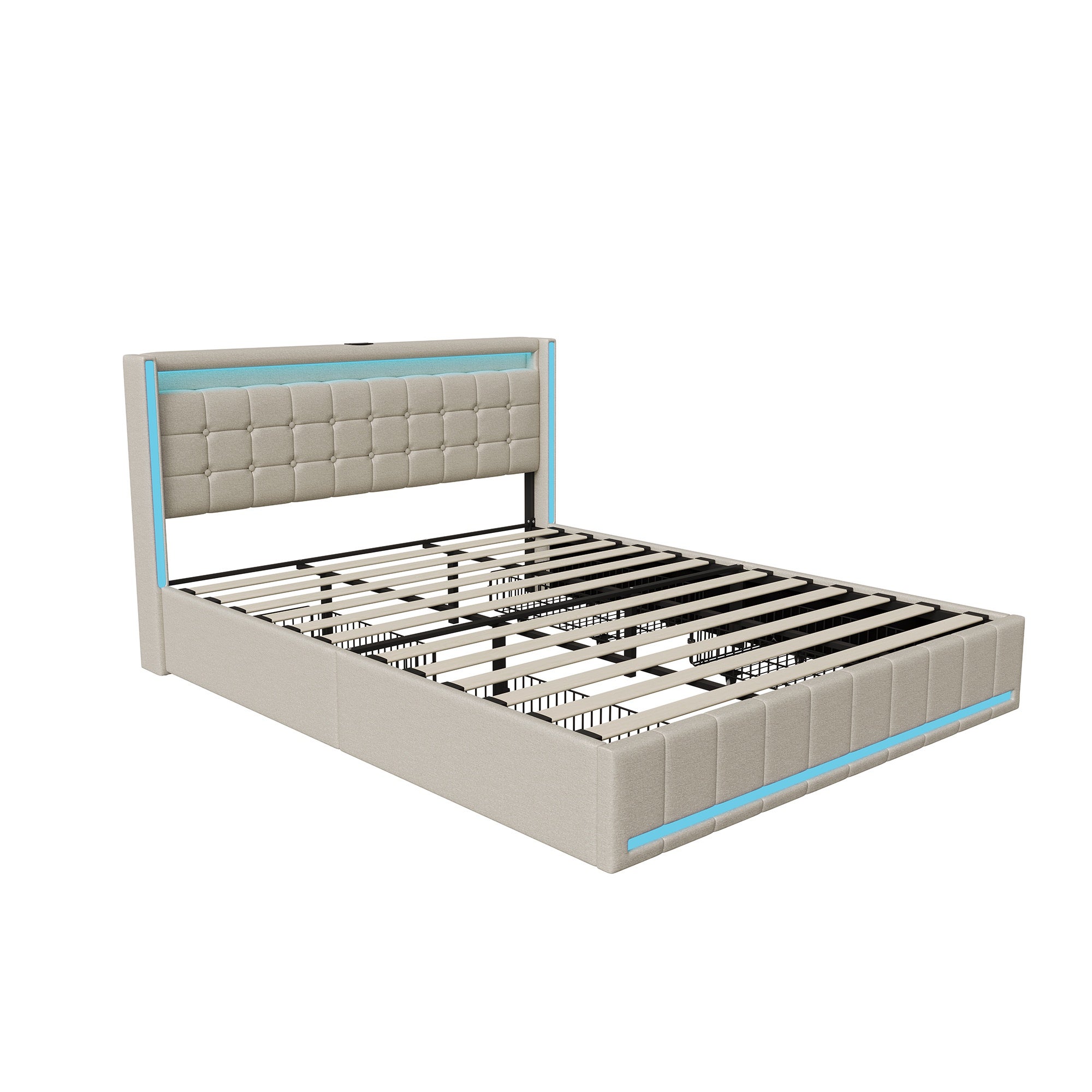Lit 180x200 avec 4 tiroirs, sommier à lattes, lit double adulte capitonné, tête de lit LED, ports USB et Type-C, lit king size, tissu lin, Beige - 6