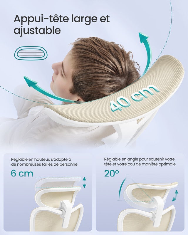Chaise de Bureau Ergonomique, Fauteuil de Bureau, Appui-Tête et Soutien Lombaire Réglables, Supporte Jusqu’à 150 kg, Hauteur Réglable, Beige Sable - 7