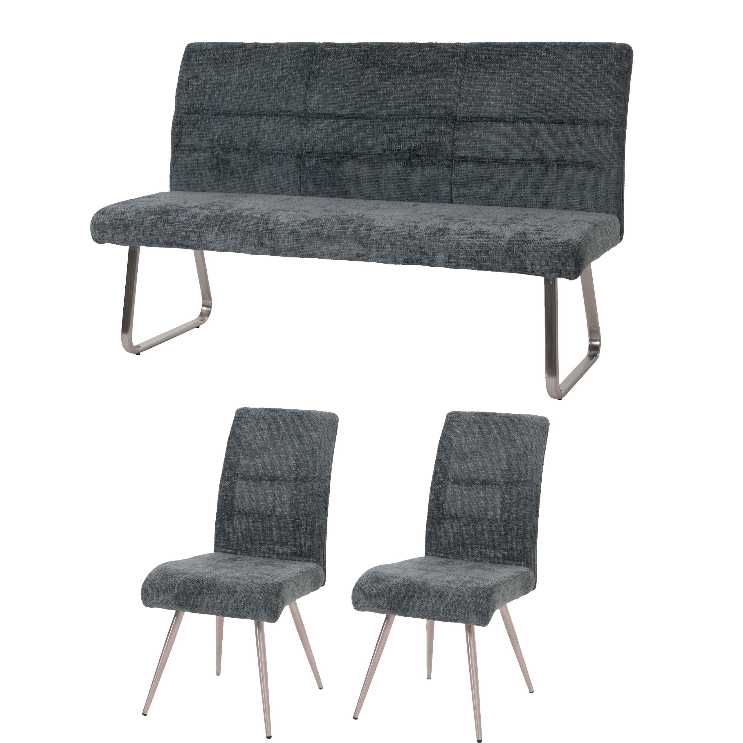 Zestaw do jadalni HWC-G55, zestaw 2 krzeseł + ława 160cm, stal nierdzewna szczotkowana tkanina/tkanina szenilowa ~ niebiesko-zielony