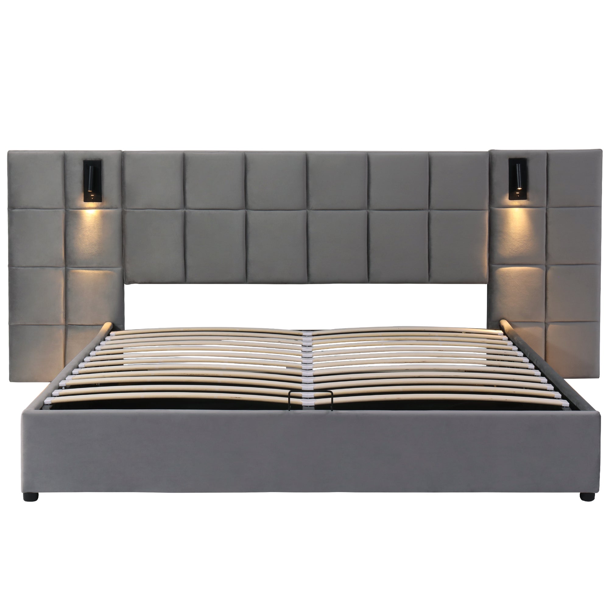 Lit hydraulique 180*200 cm, avec lampe et chargeur USB, tête de lit large, sans tête de lit, velours, gris - 5