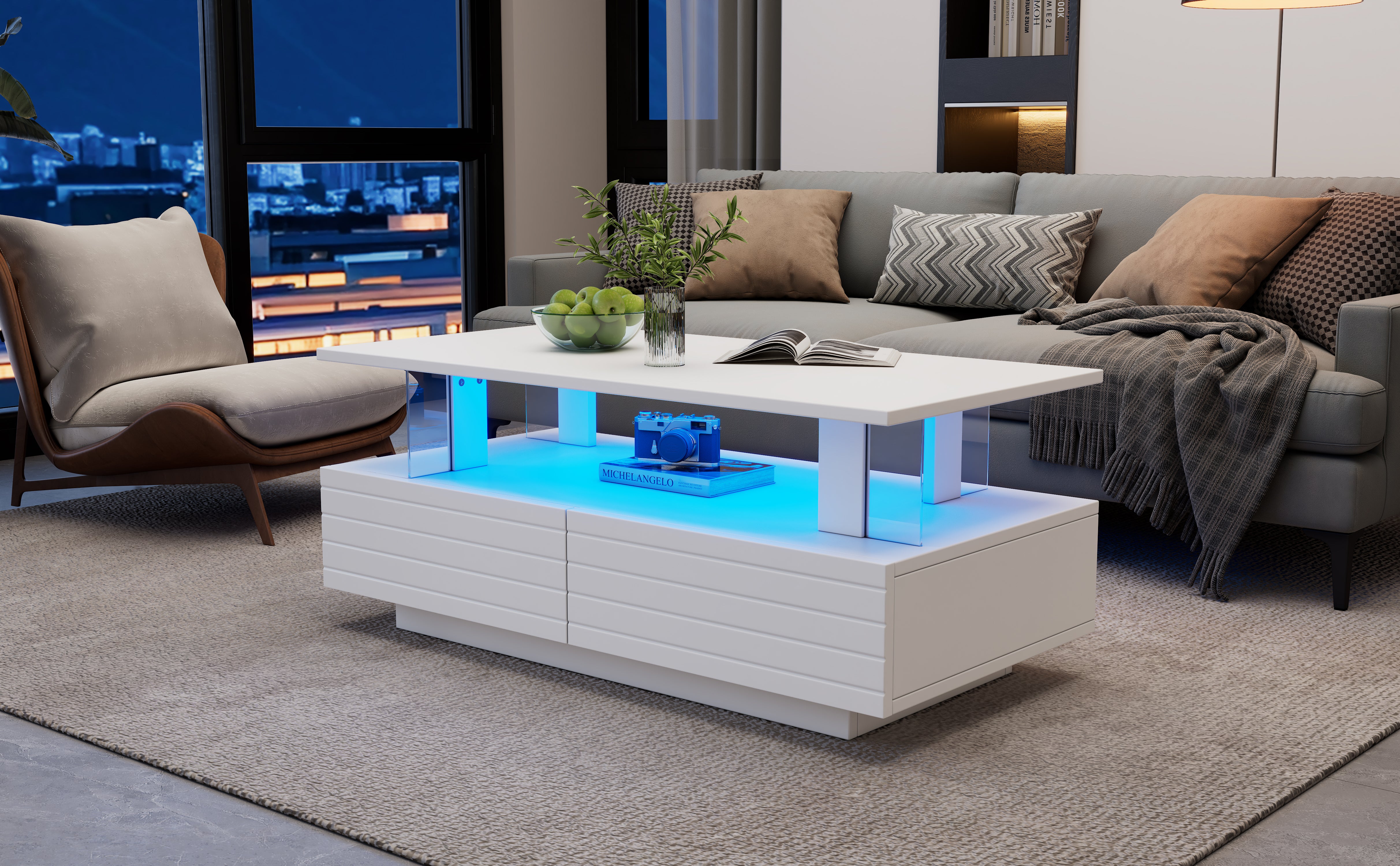 Stolik kawowy 100x50x42cm - z oświetleniem LED - z funkcją przechowywania - z 2 szufladami - biały