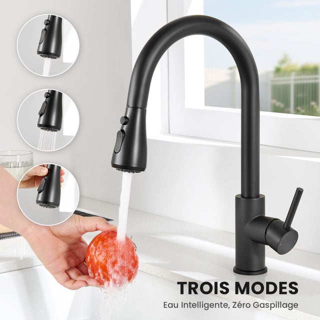 Mitigeur de Cuisine avec Douchette Extractible - Robinet Cuisine Noir Mitigeur d'Évier avec 2 Modes de Sortie D'eau