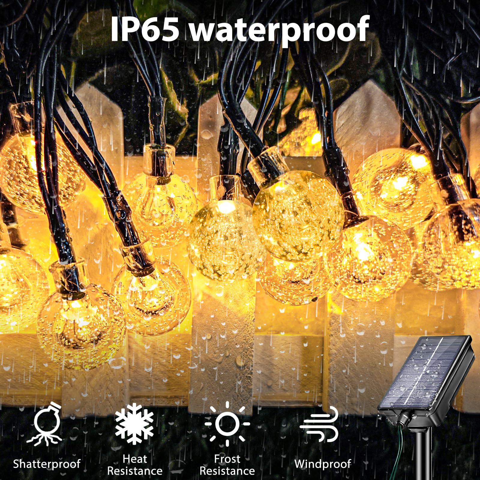 Cordão de Luzes Solares para Exteriores de 11 m, 60 LEDs, à Prova D'água, Bolas de Cristal, para Jardim, Pátio, Varanda, Festa (Branco Quente) - 5