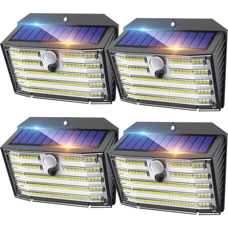 Zewnętrzne lampy solarne, zestaw 4 lamp bezprzewodowych z 126 diodami LED z czujnikiem ruchu, wodoodporność IP65, 3 tryby, kąt oświetlenia 270°