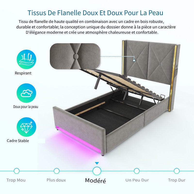 Lit 90x200 avec ports USB et éclairage LED,Lit simple rembourré avec poches latérales,Lit coffre hydraulique,tissu velours,Gris foncé (Sans matelas) - 8