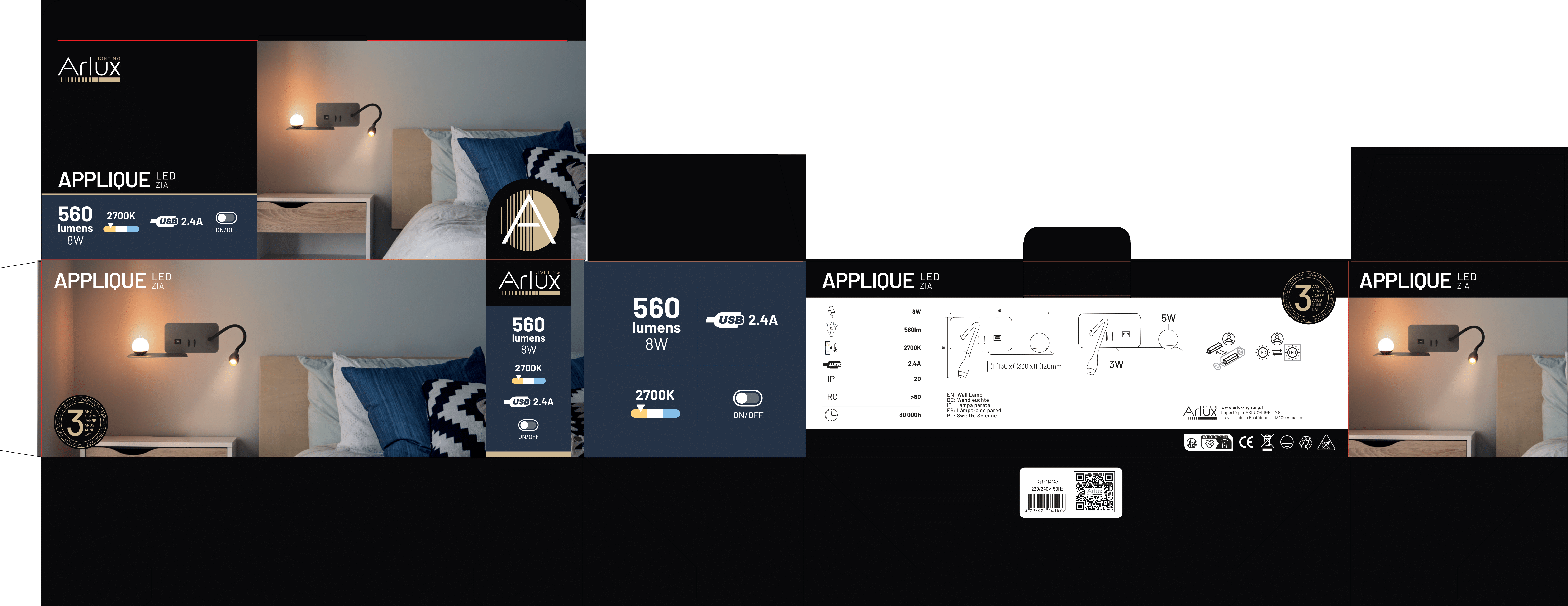 Applique-Liseuse Intérieur 5W+3W 350lm+210lm Droite Blanc Chaud - 6