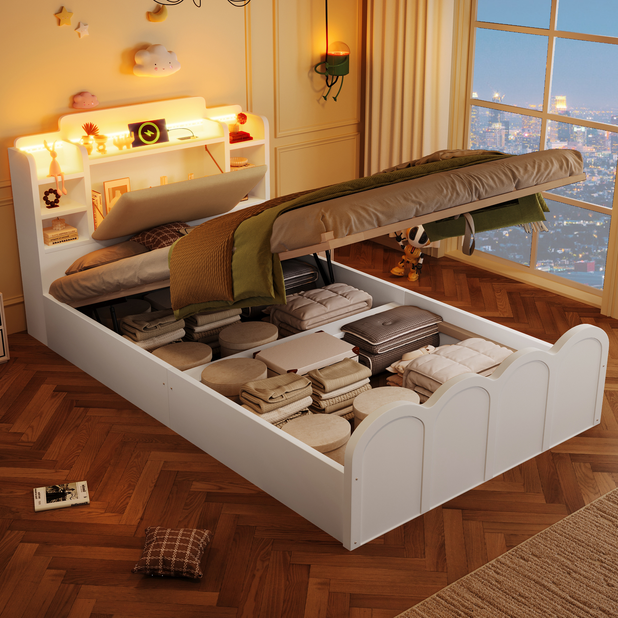 Łóżko z pojemnikiem 90 x 200 cm, zagłówkiem i przegródkami – sosna + płyta MDF + sklejka + poliuretan – diody LED i porty USB + typu C – białe