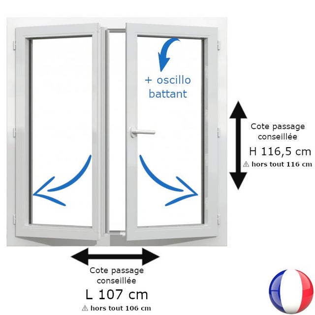 Fenêtre PVC blanc 2 vantaux hors tout H 116 x L 106 cm oscillo battant pour pose rénovation