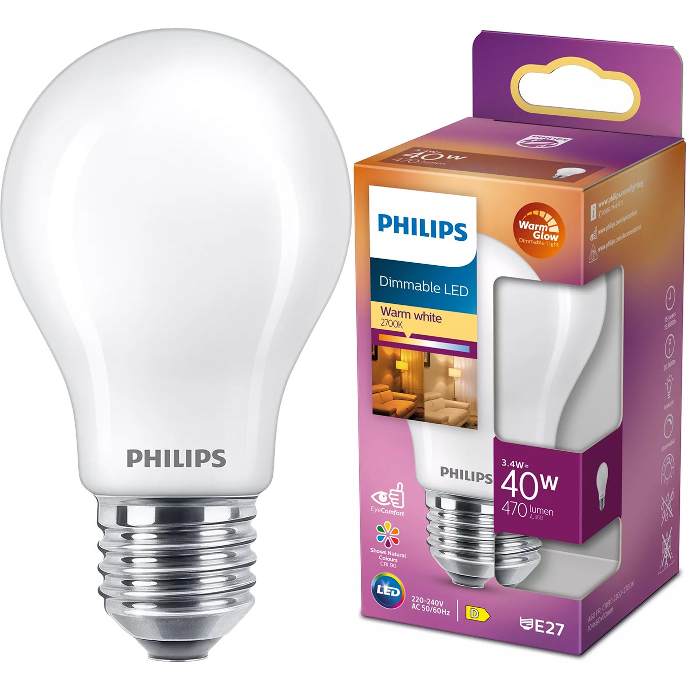 Żarówka LED Philips E27 A60 3.4W 470lm 2700K Filament Ściemnialna WarmGlow Dimmable